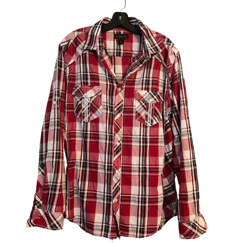 Helix Red Plaid Shirt Athletic Fit Roll L Tab Sleeves Embroidered Country Cherry